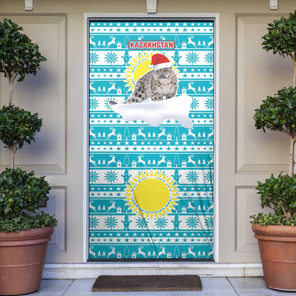 Kazakhstan Christmas Door Cover with Snow Leopard in Santa Hat Blue and Yellow Reindeer Snowflake - Wonder Print Shop
