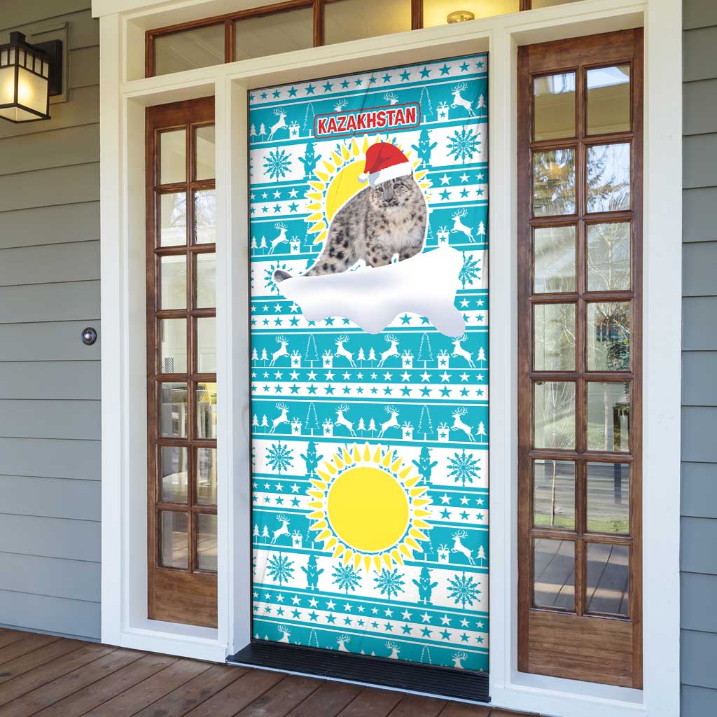 Kazakhstan Christmas Door Cover with Snow Leopard in Santa Hat Blue and Yellow Reindeer Snowflake - Wonder Print Shop