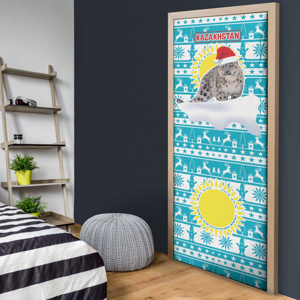 Kazakhstan Christmas Door Cover with Snow Leopard in Santa Hat Blue and Yellow Reindeer Snowflake - Wonder Print Shop