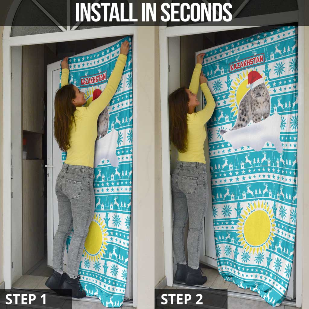 Kazakhstan Christmas Door Cover with Snow Leopard in Santa Hat Blue and Yellow Reindeer Snowflake - Wonder Print Shop