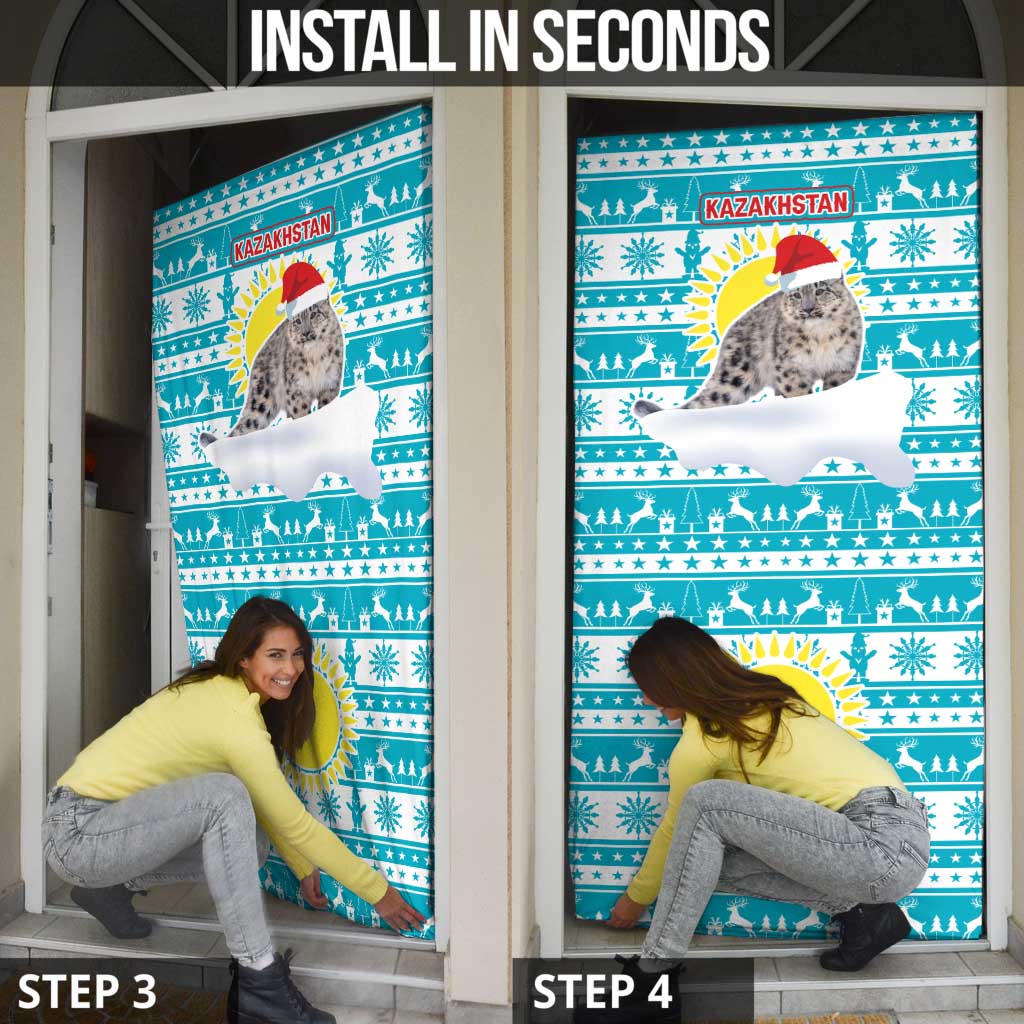 Kazakhstan Christmas Door Cover with Snow Leopard in Santa Hat Blue and Yellow Reindeer Snowflake - Wonder Print Shop