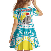 Kazakhstan Christmas Family Matching Long Sleeve Bodycon Dress and Hawaiian Shirt with Snow Leopard in Santa Hat Blue and Yellow Reindeer Snowflake - Wonder Print Shop