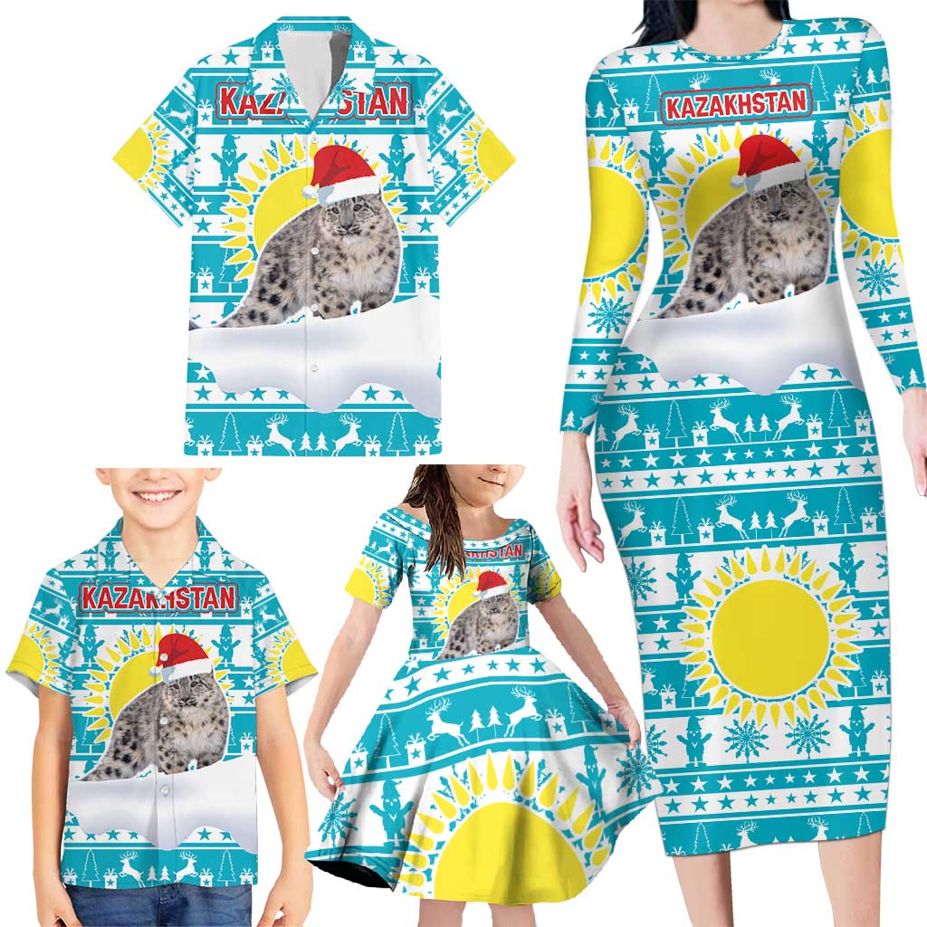Kazakhstan Christmas Family Matching Long Sleeve Bodycon Dress and Hawaiian Shirt with Snow Leopard in Santa Hat Blue and Yellow Reindeer Snowflake - Wonder Print Shop