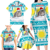 Kazakhstan Christmas Family Matching Long Sleeve Bodycon Dress and Hawaiian Shirt with Snow Leopard in Santa Hat Blue and Yellow Reindeer Snowflake - Wonder Print Shop