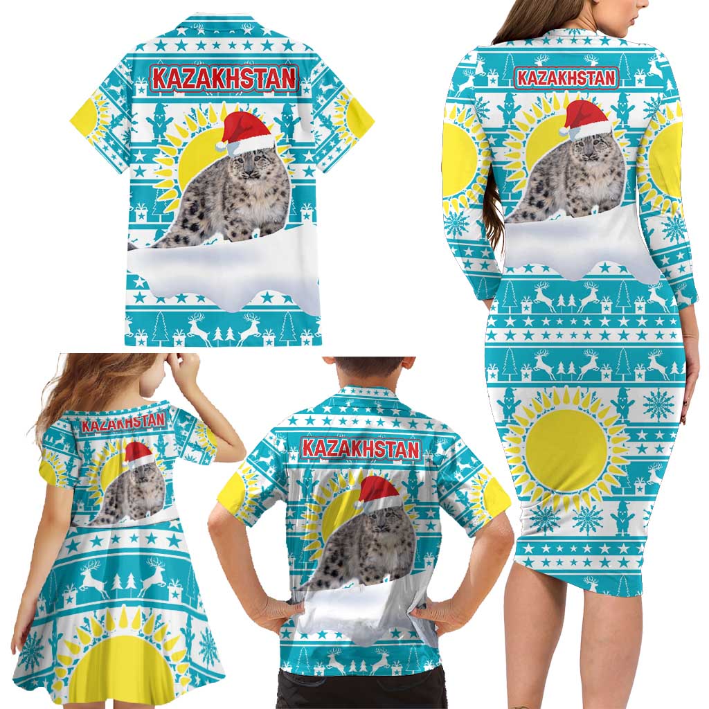 Kazakhstan Christmas Family Matching Long Sleeve Bodycon Dress and Hawaiian Shirt with Snow Leopard in Santa Hat Blue and Yellow Reindeer Snowflake - Wonder Print Shop