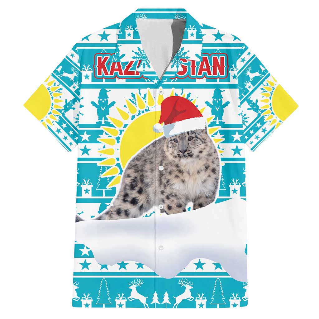 Kazakhstan Christmas Family Matching Long Sleeve Bodycon Dress and Hawaiian Shirt with Snow Leopard in Santa Hat Blue and Yellow Reindeer Snowflake - Wonder Print Shop
