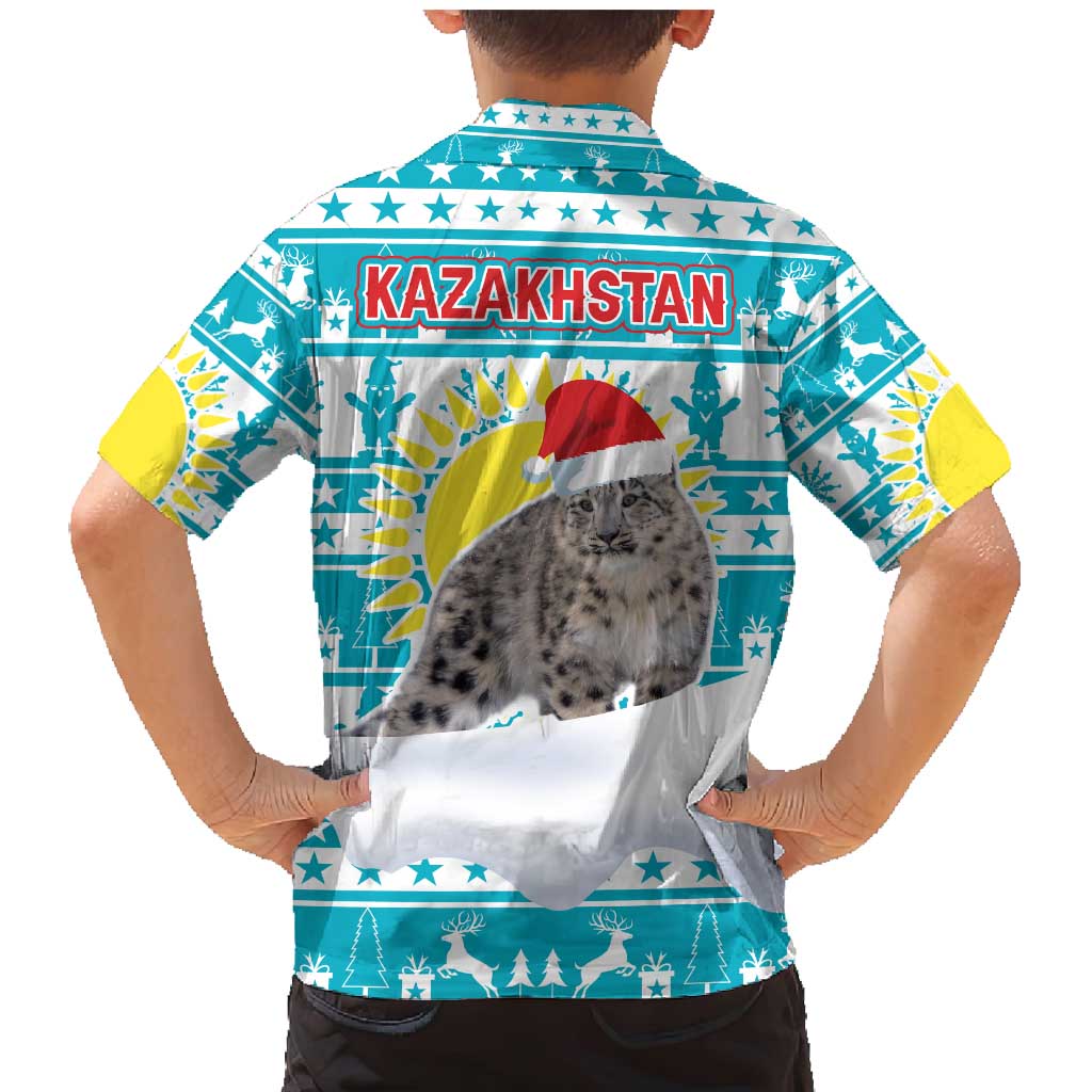 Kazakhstan Christmas Family Matching Mermaid Dress and Hawaiian Shirt with Snow Leopard in Santa Hat Blue and Yellow Reindeer Snowflake - Wonder Print Shop