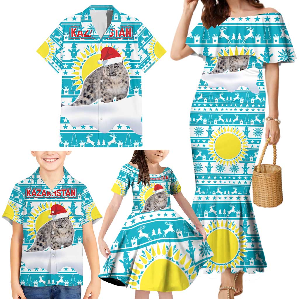 Kazakhstan Christmas Family Matching Mermaid Dress and Hawaiian Shirt with Snow Leopard in Santa Hat Blue and Yellow Reindeer Snowflake - Wonder Print Shop