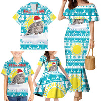 Kazakhstan Christmas Family Matching Mermaid Dress and Hawaiian Shirt with Snow Leopard in Santa Hat Blue and Yellow Reindeer Snowflake - Wonder Print Shop
