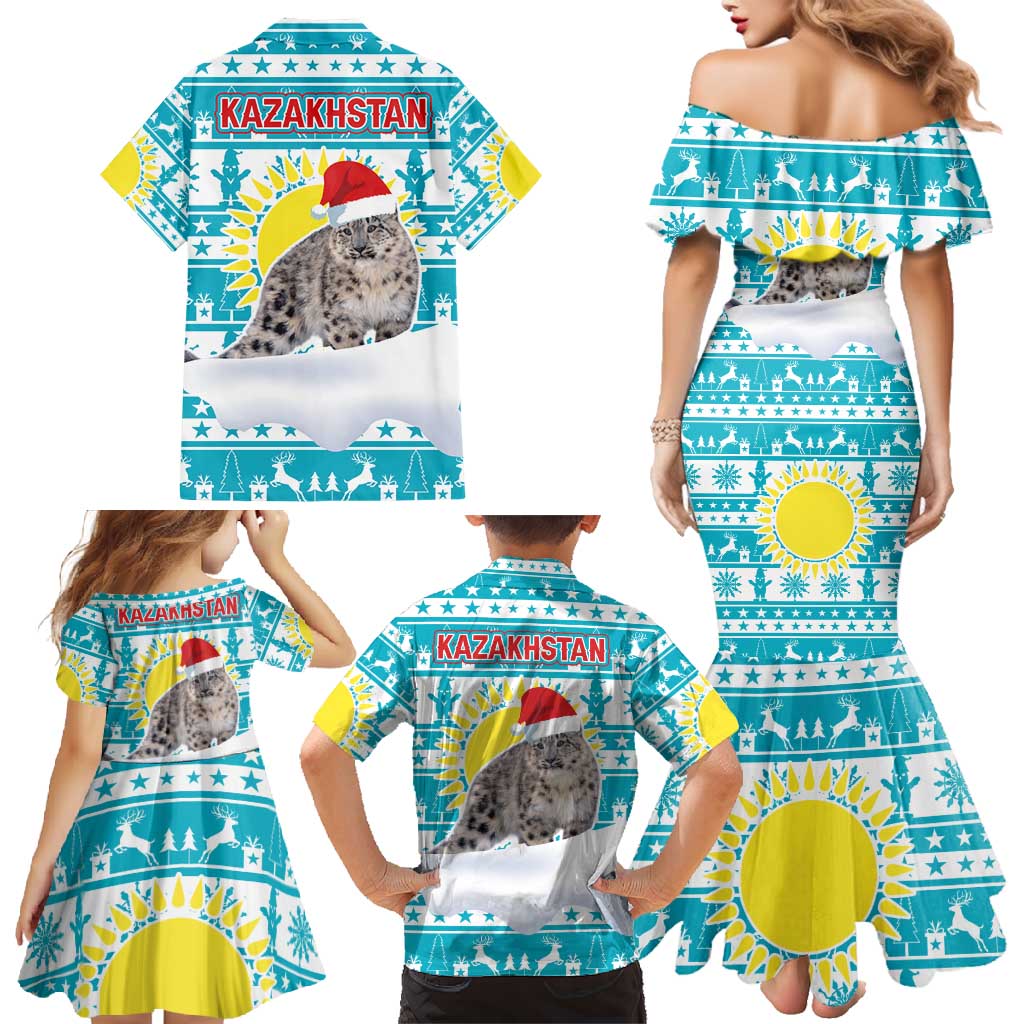 Kazakhstan Christmas Family Matching Mermaid Dress and Hawaiian Shirt with Snow Leopard in Santa Hat Blue and Yellow Reindeer Snowflake - Wonder Print Shop