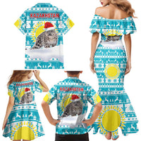 Kazakhstan Christmas Family Matching Mermaid Dress and Hawaiian Shirt with Snow Leopard in Santa Hat Blue and Yellow Reindeer Snowflake - Wonder Print Shop