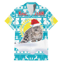 Kazakhstan Christmas Family Matching Mermaid Dress and Hawaiian Shirt with Snow Leopard in Santa Hat Blue and Yellow Reindeer Snowflake - Wonder Print Shop