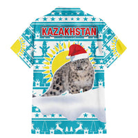 Kazakhstan Christmas Family Matching Mermaid Dress and Hawaiian Shirt with Snow Leopard in Santa Hat Blue and Yellow Reindeer Snowflake - Wonder Print Shop