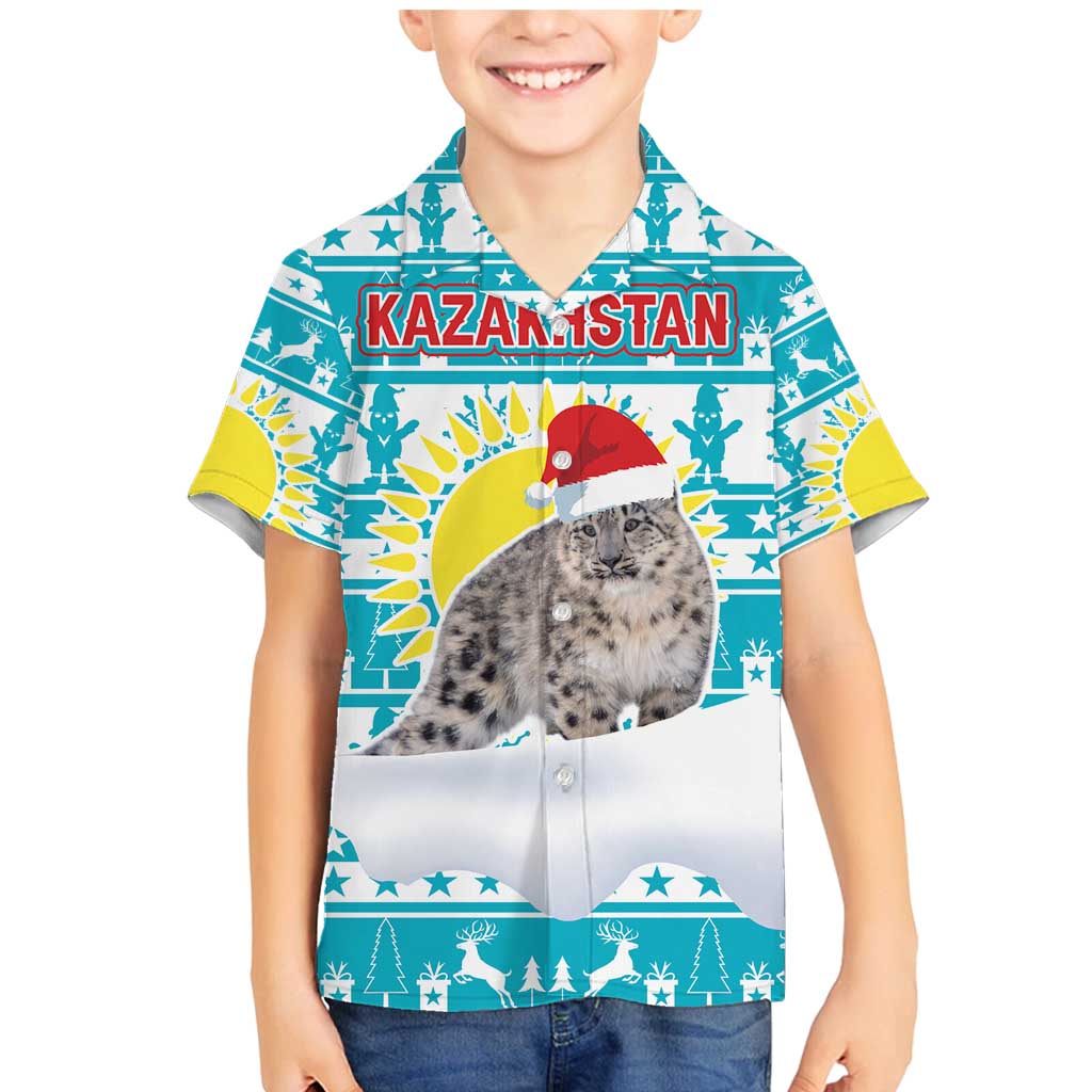 Kazakhstan Christmas Family Matching Mermaid Dress and Hawaiian Shirt with Snow Leopard in Santa Hat Blue and Yellow Reindeer Snowflake - Wonder Print Shop