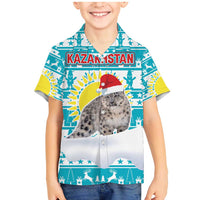 Kazakhstan Christmas Family Matching Mermaid Dress and Hawaiian Shirt with Snow Leopard in Santa Hat Blue and Yellow Reindeer Snowflake - Wonder Print Shop