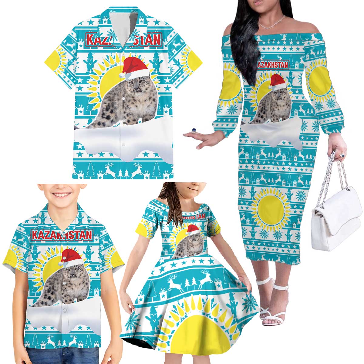 Kazakhstan Christmas Family Matching Off The Shoulder Long Sleeve Dress and Hawaiian Shirt with Snow Leopard in Santa Hat Blue and Yellow Reindeer Snowflake - Wonder Print Shop