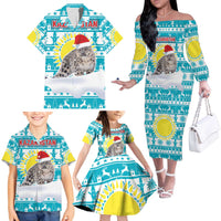 Kazakhstan Christmas Family Matching Off The Shoulder Long Sleeve Dress and Hawaiian Shirt with Snow Leopard in Santa Hat Blue and Yellow Reindeer Snowflake - Wonder Print Shop