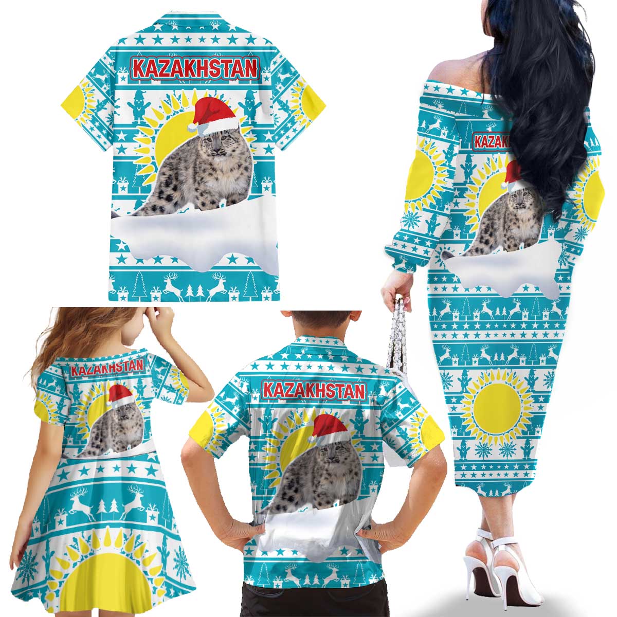 Kazakhstan Christmas Family Matching Off The Shoulder Long Sleeve Dress and Hawaiian Shirt with Snow Leopard in Santa Hat Blue and Yellow Reindeer Snowflake - Wonder Print Shop