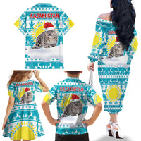 Kazakhstan Christmas Family Matching Off The Shoulder Long Sleeve Dress and Hawaiian Shirt with Snow Leopard in Santa Hat Blue and Yellow Reindeer Snowflake - Wonder Print Shop