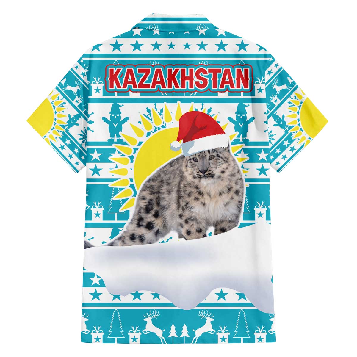 Kazakhstan Christmas Family Matching Off The Shoulder Long Sleeve Dress and Hawaiian Shirt with Snow Leopard in Santa Hat Blue and Yellow Reindeer Snowflake - Wonder Print Shop