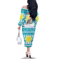 Kazakhstan Christmas Family Matching Off The Shoulder Long Sleeve Dress and Hawaiian Shirt with Snow Leopard in Santa Hat Blue and Yellow Reindeer Snowflake - Wonder Print Shop