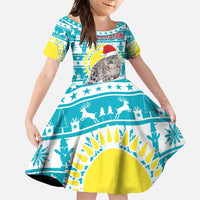 Kazakhstan Christmas Family Matching Off Shoulder Maxi Dress and Hawaiian Shirt with Snow Leopard in Santa Hat Blue and Yellow Reindeer Snowflake - Wonder Print Shop