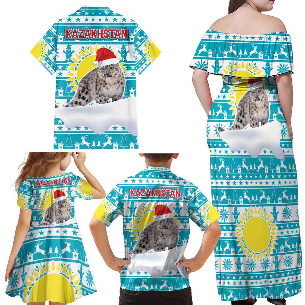 Kazakhstan Christmas Family Matching Off Shoulder Maxi Dress and Hawaiian Shirt with Snow Leopard in Santa Hat Blue and Yellow Reindeer Snowflake - Wonder Print Shop