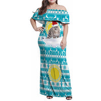 Kazakhstan Christmas Family Matching Off Shoulder Maxi Dress and Hawaiian Shirt with Snow Leopard in Santa Hat Blue and Yellow Reindeer Snowflake - Wonder Print Shop