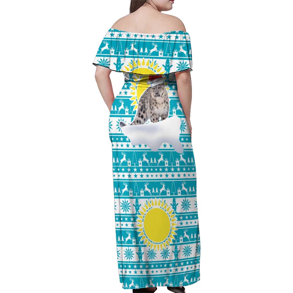 Kazakhstan Christmas Family Matching Off Shoulder Maxi Dress and Hawaiian Shirt with Snow Leopard in Santa Hat Blue and Yellow Reindeer Snowflake - Wonder Print Shop