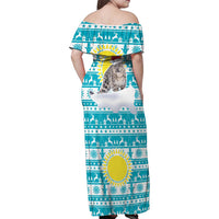Kazakhstan Christmas Family Matching Off Shoulder Maxi Dress and Hawaiian Shirt with Snow Leopard in Santa Hat Blue and Yellow Reindeer Snowflake - Wonder Print Shop