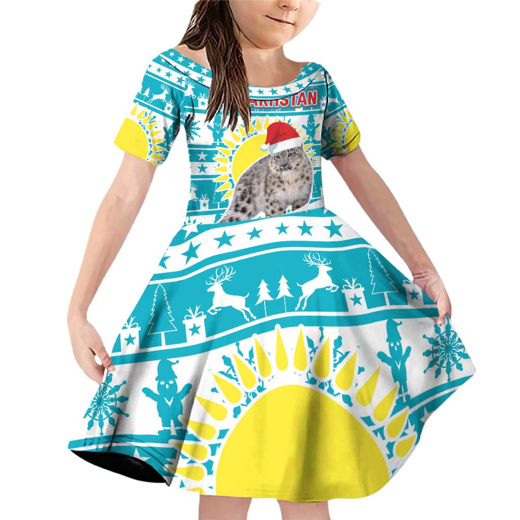 Kazakhstan Christmas Family Matching Off Shoulder Short Dress and Hawaiian Shirt with Snow Leopard in Santa Hat Blue and Yellow Reindeer Snowflake - Wonder Print Shop