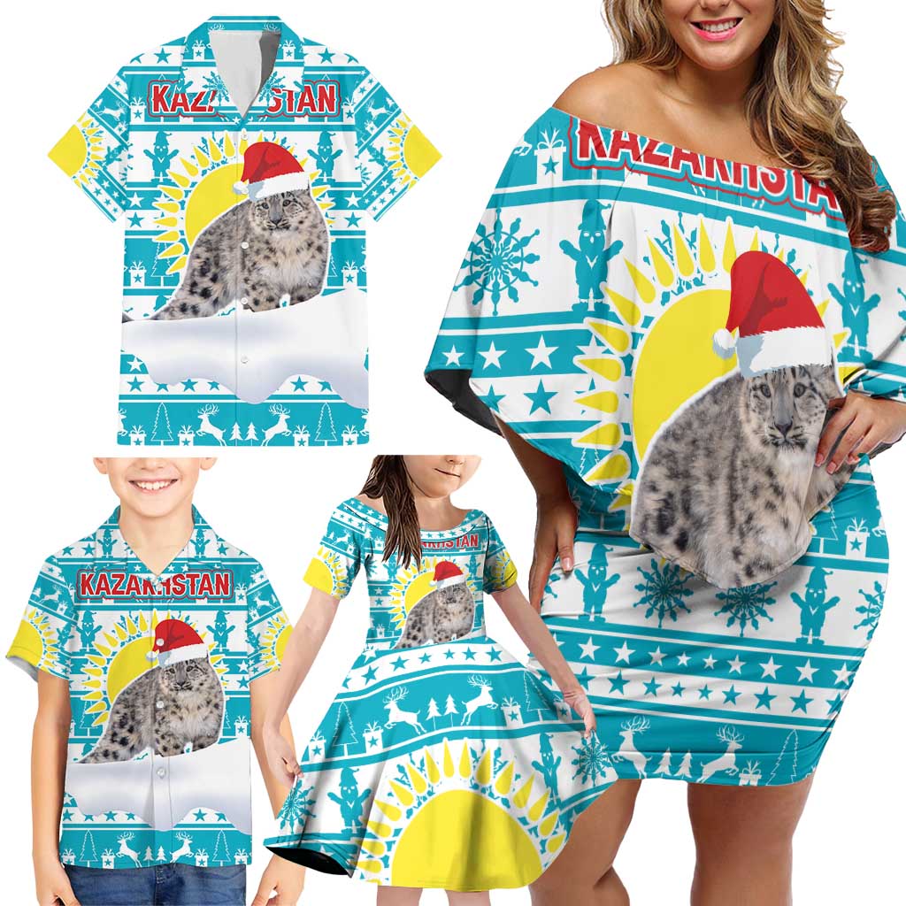 Kazakhstan Christmas Family Matching Off Shoulder Short Dress and Hawaiian Shirt with Snow Leopard in Santa Hat Blue and Yellow Reindeer Snowflake - Wonder Print Shop