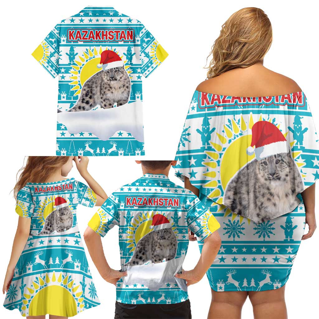 Kazakhstan Christmas Family Matching Off Shoulder Short Dress and Hawaiian Shirt with Snow Leopard in Santa Hat Blue and Yellow Reindeer Snowflake - Wonder Print Shop