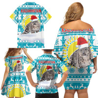 Kazakhstan Christmas Family Matching Off Shoulder Short Dress and Hawaiian Shirt with Snow Leopard in Santa Hat Blue and Yellow Reindeer Snowflake - Wonder Print Shop