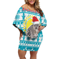 Kazakhstan Christmas Family Matching Off Shoulder Short Dress and Hawaiian Shirt with Snow Leopard in Santa Hat Blue and Yellow Reindeer Snowflake - Wonder Print Shop