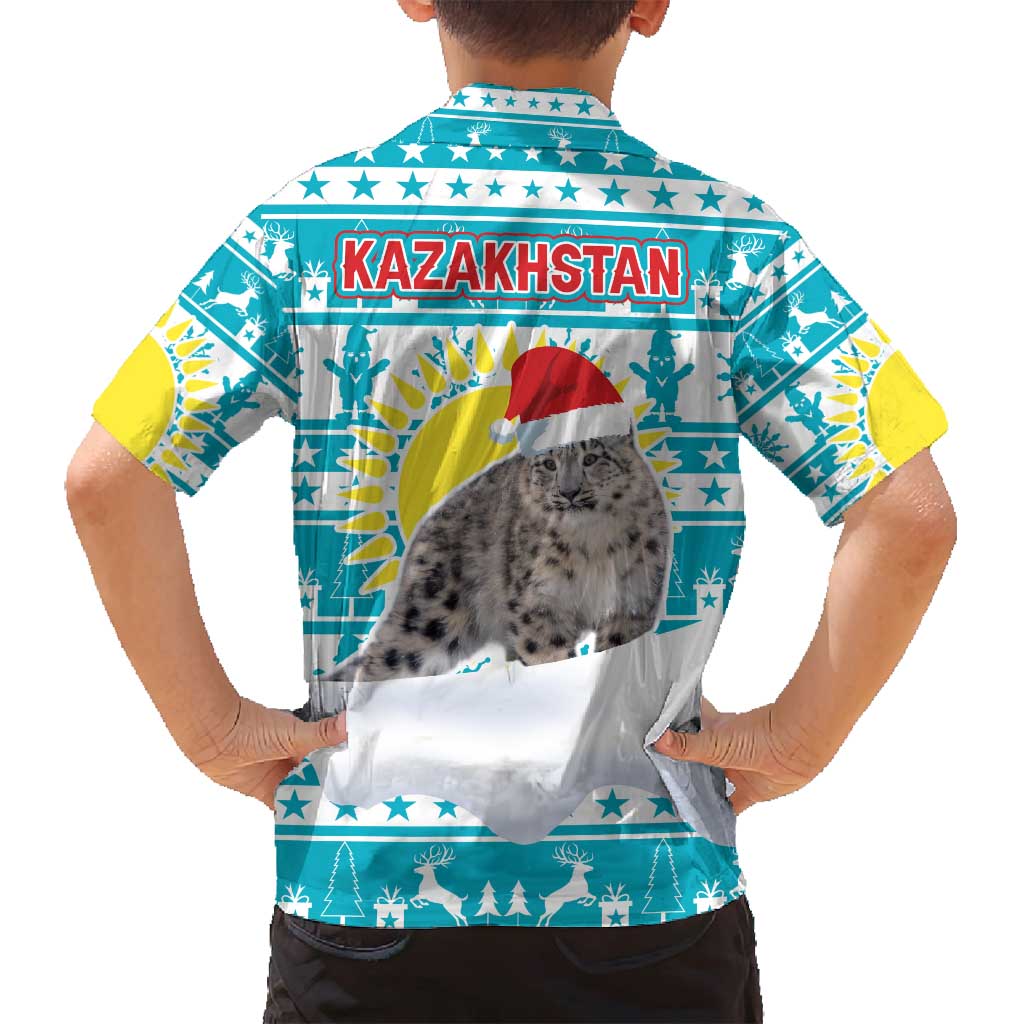 Kazakhstan Christmas Family Matching Puletasi and Hawaiian Shirt with Snow Leopard in Santa Hat Blue and Yellow Reindeer Snowflake - Wonder Print Shop