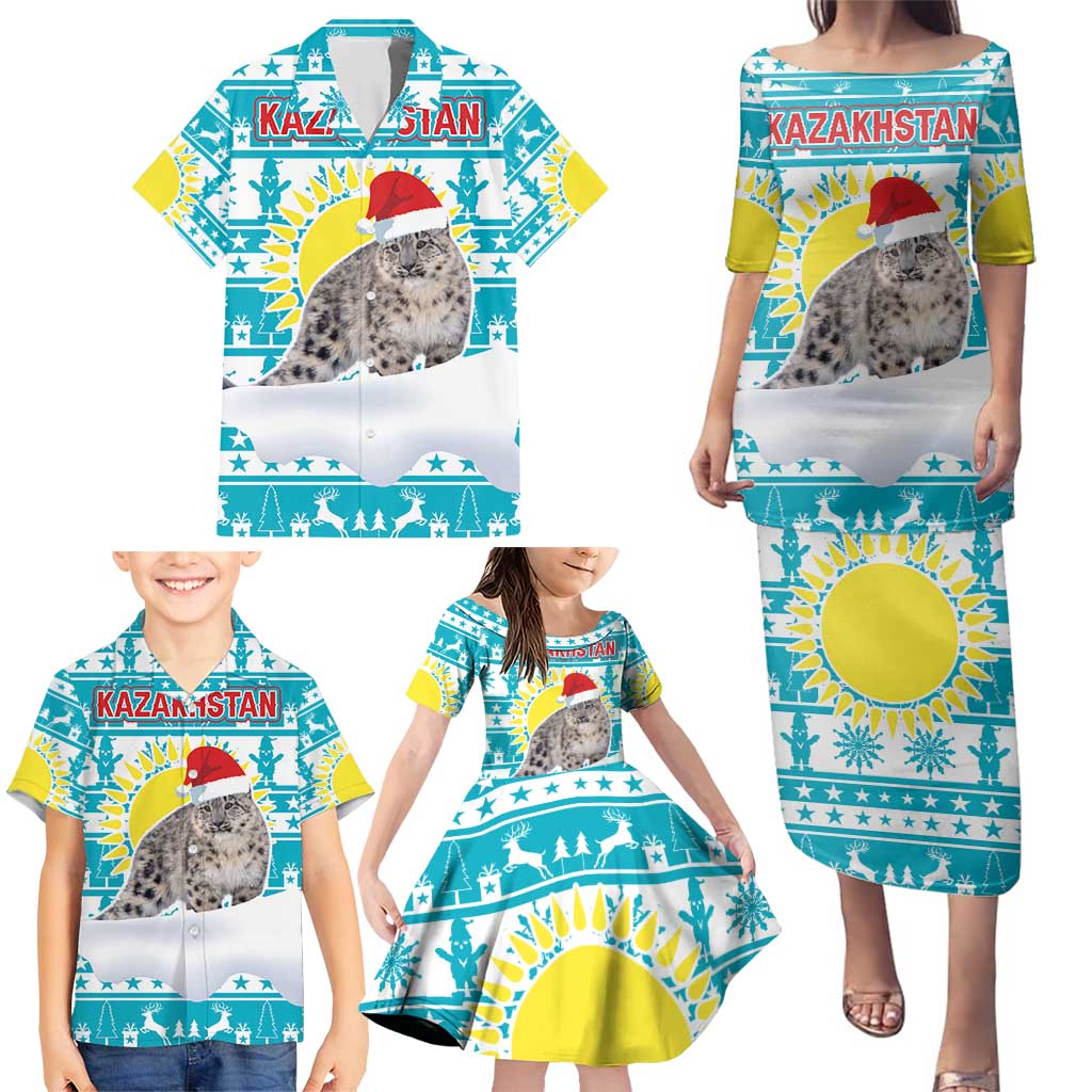 Kazakhstan Christmas Family Matching Puletasi and Hawaiian Shirt with Snow Leopard in Santa Hat Blue and Yellow Reindeer Snowflake - Wonder Print Shop