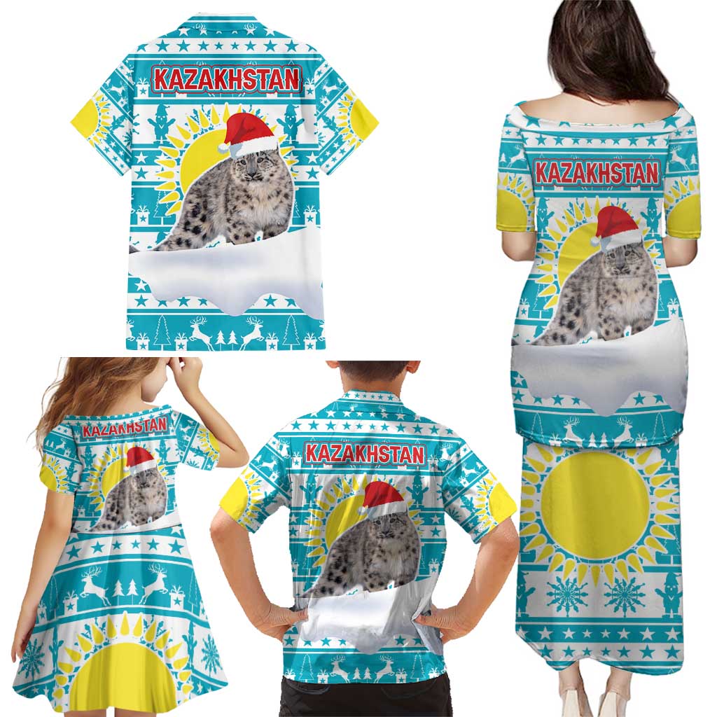 Kazakhstan Christmas Family Matching Puletasi and Hawaiian Shirt with Snow Leopard in Santa Hat Blue and Yellow Reindeer Snowflake - Wonder Print Shop