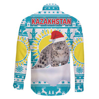 Kazakhstan Christmas Family Matching Puletasi and Hawaiian Shirt with Snow Leopard in Santa Hat Blue and Yellow Reindeer Snowflake - Wonder Print Shop