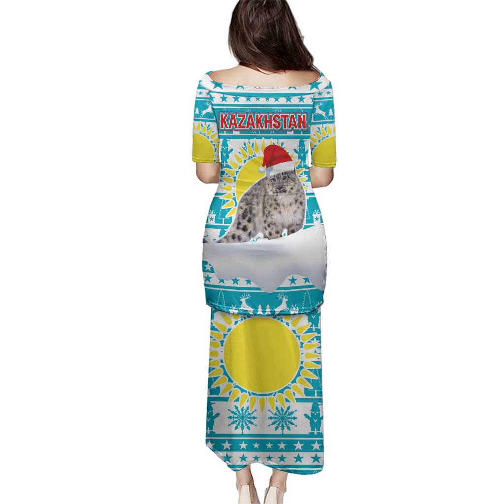 Kazakhstan Christmas Family Matching Puletasi and Hawaiian Shirt with Snow Leopard in Santa Hat Blue and Yellow Reindeer Snowflake - Wonder Print Shop