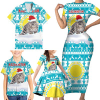 Kazakhstan Christmas Family Matching Short Sleeve Bodycon Dress and Hawaiian Shirt with Snow Leopard in Santa Hat Blue and Yellow Reindeer Snowflake - Wonder Print Shop