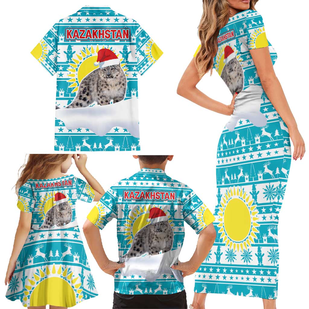Kazakhstan Christmas Family Matching Short Sleeve Bodycon Dress and Hawaiian Shirt with Snow Leopard in Santa Hat Blue and Yellow Reindeer Snowflake - Wonder Print Shop