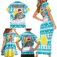 Kazakhstan Christmas Family Matching Short Sleeve Bodycon Dress and Hawaiian Shirt with Snow Leopard in Santa Hat Blue and Yellow Reindeer Snowflake - Wonder Print Shop