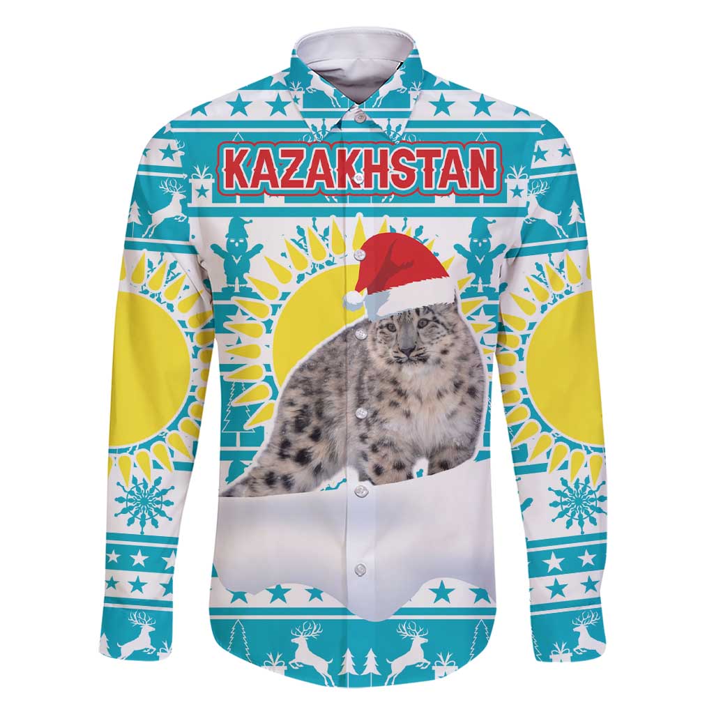 Kazakhstan Christmas Family Matching Short Sleeve Bodycon Dress and Hawaiian Shirt with Snow Leopard in Santa Hat Blue and Yellow Reindeer Snowflake - Wonder Print Shop
