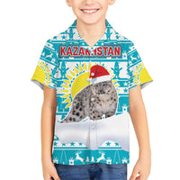 Kazakhstan Christmas Family Matching Short Sleeve Bodycon Dress and Hawaiian Shirt with Snow Leopard in Santa Hat Blue and Yellow Reindeer Snowflake - Wonder Print Shop