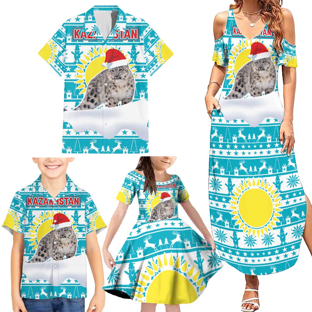 Kazakhstan Christmas Family Matching Summer Maxi Dress and Hawaiian Shirt with Snow Leopard in Santa Hat Blue and Yellow Reindeer Snowflake - Wonder Print Shop