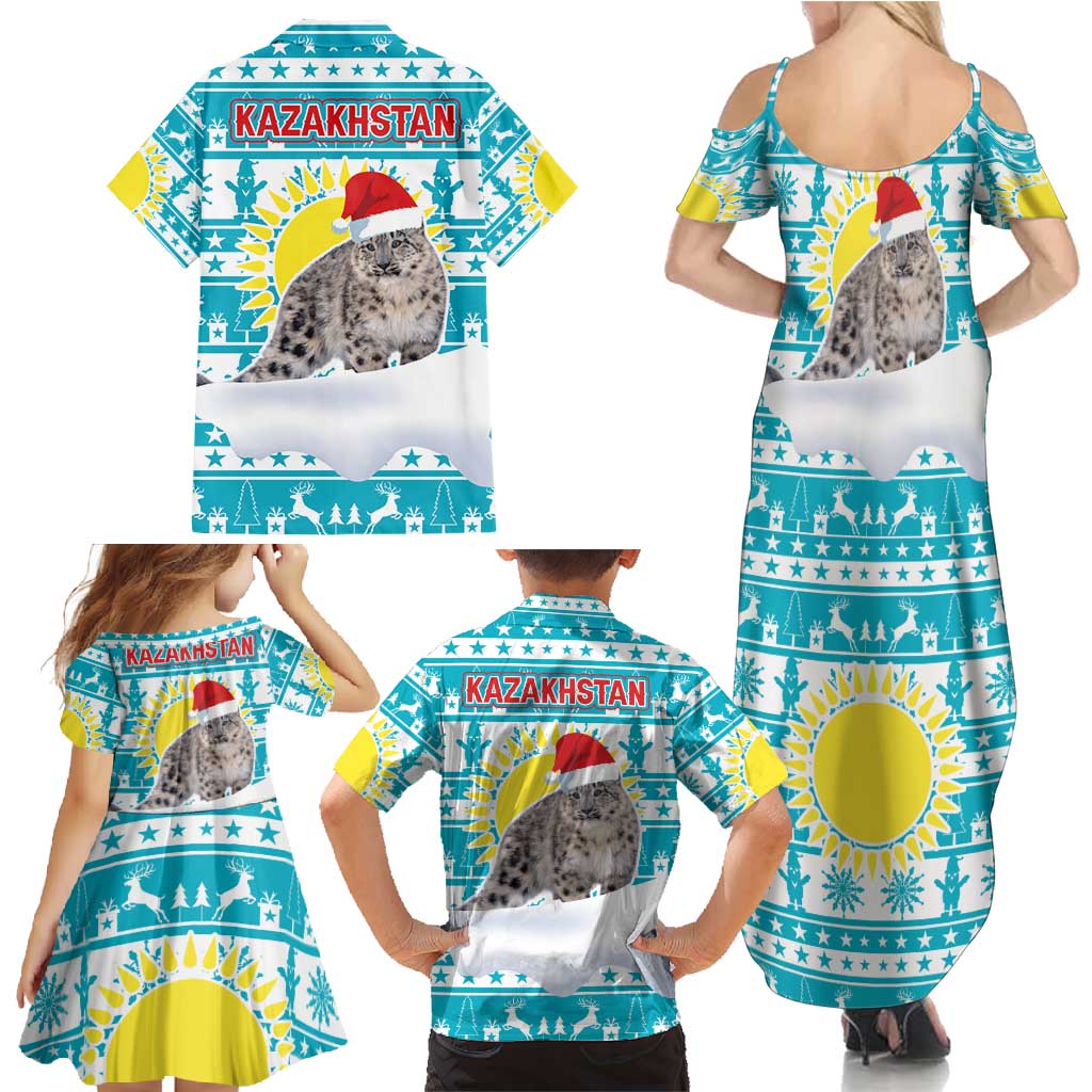 Kazakhstan Christmas Family Matching Summer Maxi Dress and Hawaiian Shirt with Snow Leopard in Santa Hat Blue and Yellow Reindeer Snowflake - Wonder Print Shop