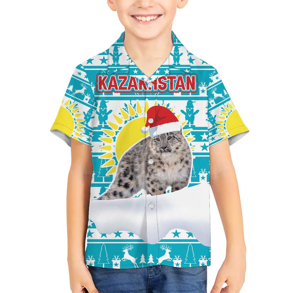 Kazakhstan Christmas Family Matching Summer Maxi Dress and Hawaiian Shirt with Snow Leopard in Santa Hat Blue and Yellow Reindeer Snowflake - Wonder Print Shop