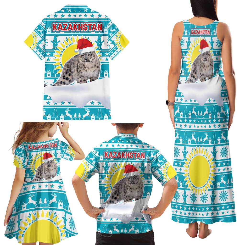 Kazakhstan Christmas Family Matching Tank Maxi Dress and Hawaiian Shirt with Snow Leopard in Santa Hat Blue and Yellow Reindeer Snowflake - Wonder Print Shop