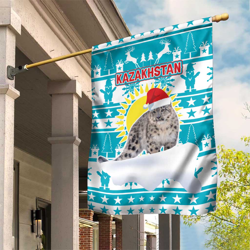 Kazakhstan Christmas Garden Flag with Snow Leopard in Santa Hat Blue and Yellow Reindeer Snowflake - Wonder Print Shop